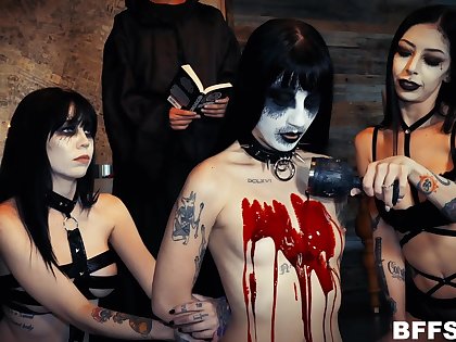 Satanic lesbian sect arranges reverse gangbang with one alluring dude